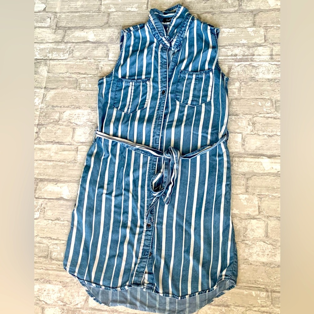 Striped Jean Collared Button Down Sleeveless Dress